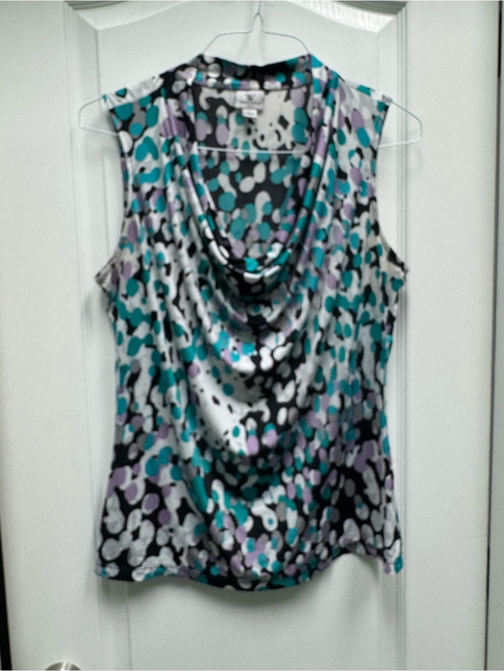 Worthington Sleeveless Cowl Neck Print Top in Teal & Lavender